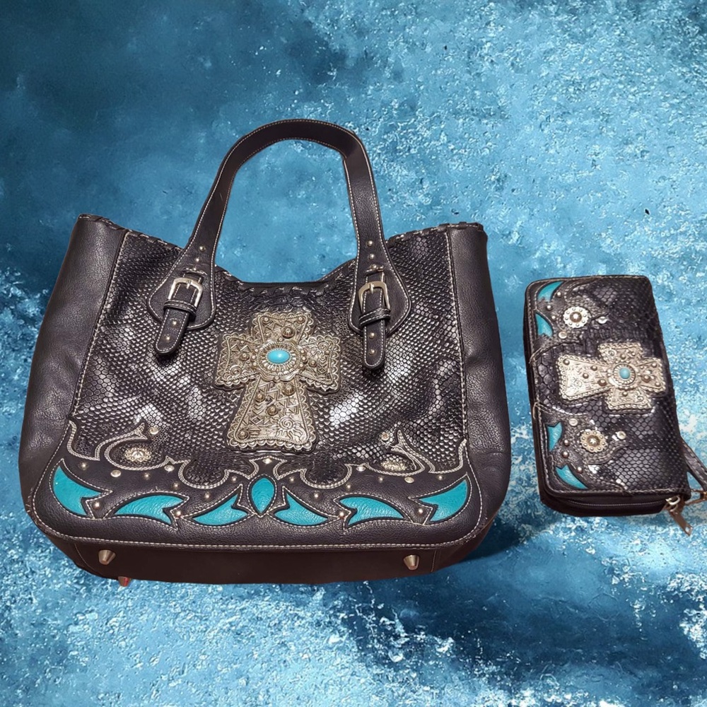 Cowgirl Trendy Silver, Black and Turquoise Cross Purse and Wallet Set